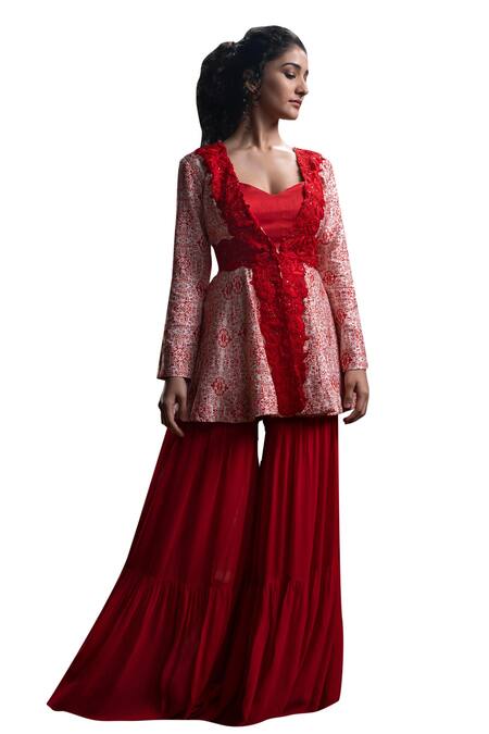 Shop_Christina_Red Georgette, Modal Embroidery, Capri Florence Print And Peplum Jacket Set _Online_at_Aza_Fashions