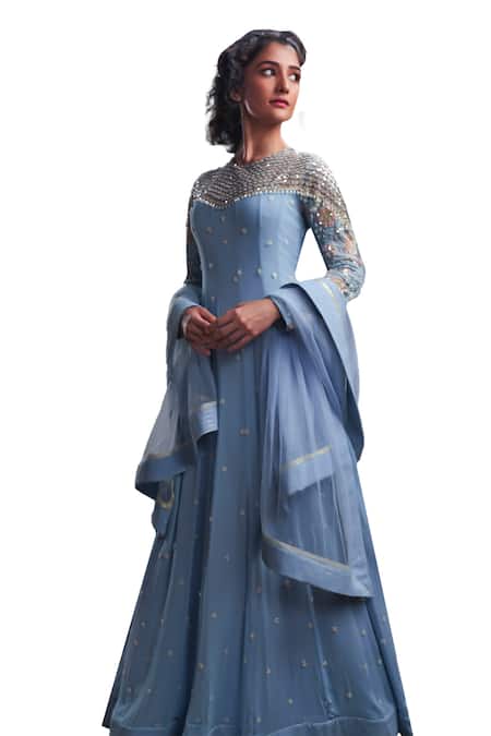 Christina_Blue Tulle, Georgette Pearls, Caspian Gardenia Embroidered Anarkali With Dupatta _Online_at_Aza_Fashions