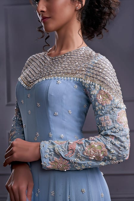 Buy_Christina_Blue Tulle, Georgette Pearls, Caspian Gardenia Embroidered Anarkali With Dupatta _Online_at_Aza_Fashions