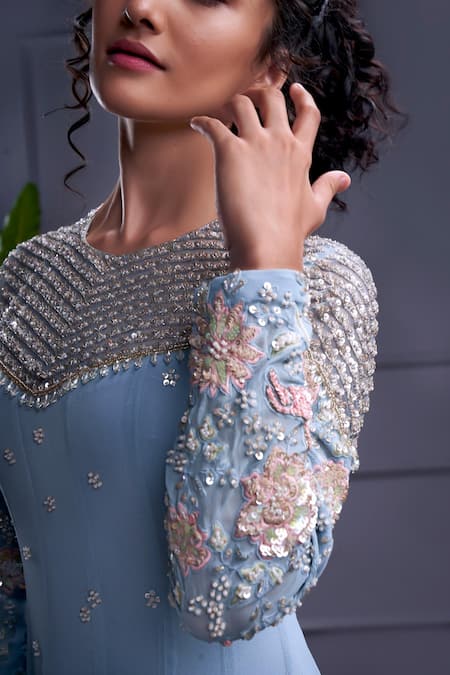 Shop_Christina_Blue Tulle, Georgette Pearls, Caspian Gardenia Embroidered Anarkali With Dupatta _Online_at_Aza_Fashions