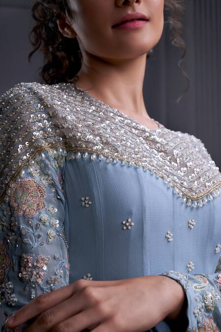 Christina_Blue Tulle, Georgette Pearls, Caspian Gardenia Embroidered Anarkali With Dupatta _at_Aza_Fashions