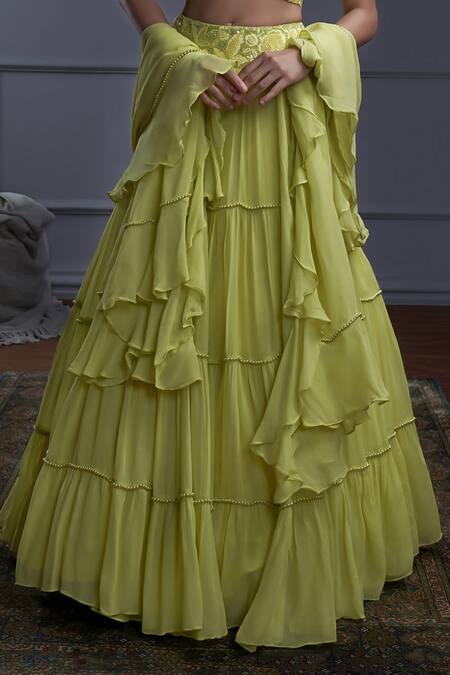 Christina_Green Georgette Pearls, Rhinestones, Contessa Gathered Tiered Lehenga Set _Online_at_Aza_Fashions