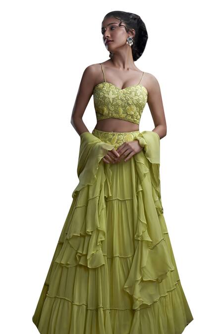 Buy_Christina_Green Georgette Pearls, Rhinestones, Contessa Gathered Tiered Lehenga Set _Online_at_Aza_Fashions