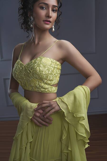 Shop_Christina_Green Georgette Pearls, Rhinestones, Contessa Gathered Tiered Lehenga Set _Online_at_Aza_Fashions