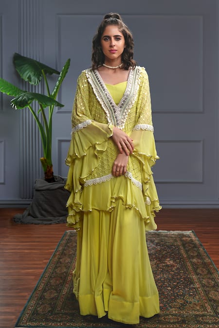 Christina_Green Georgette Embroidery Mirror Sweetheart Neck Corfu Jaal Kaftan Set _Online_at_Aza_Fashions