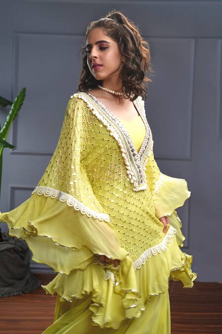 Christina_Green Georgette Embroidery Mirror Sweetheart Neck Corfu Jaal Kaftan Set _at_Aza_Fashions