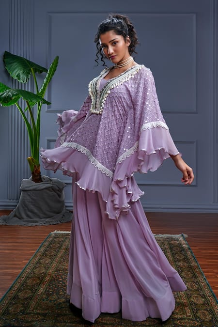 Christina Purple Georgette Embroidery Mirror Sweetheart Neck Corfu Sheesh Jaal Kaftan Set 