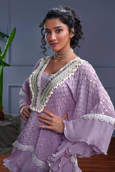 Shop_Christina_Purple Georgette Embroidery Mirror Sweetheart Neck Corfu Sheesh Jaal Kaftan Set _Online_at_Aza_Fashions
