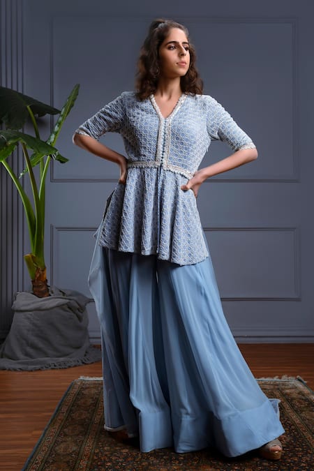 Christina Eureka Florid Cutdana Embroidered Peplum Kurti Sharara Set 