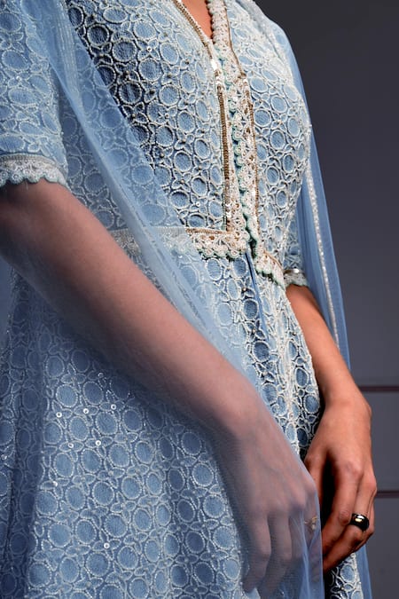 Christina_Blue Tulle, Georgette Eureka Florid Cutdana Embroidered Peplum Kurti Sharara Set _Online_at_Aza_Fashions