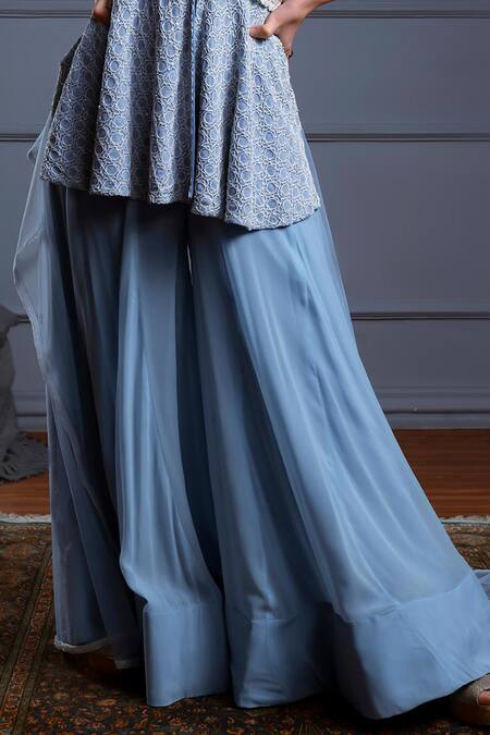 Buy_Christina_Blue Tulle, Georgette Eureka Florid Cutdana Embroidered Peplum Kurti Sharara Set _Online_at_Aza_Fashions