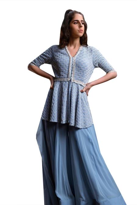 Shop_Christina_Blue Tulle, Georgette Eureka Florid Cutdana Embroidered Peplum Kurti Sharara Set _Online_at_Aza_Fashions
