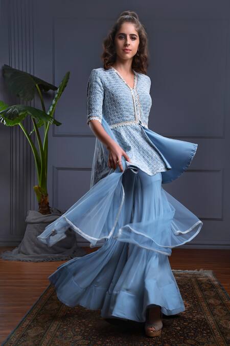 Christina_Blue Tulle, Georgette Eureka Florid Cutdana Embroidered Peplum Kurti Sharara Set _at_Aza_Fashions