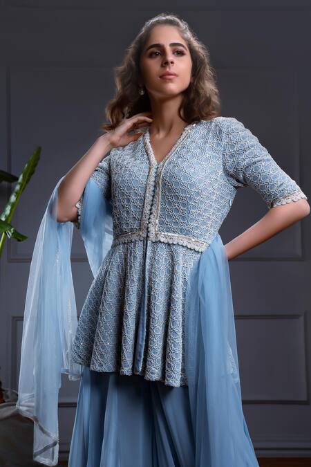 Buy_Christina_Blue Tulle, Georgette Eureka Florid Cutdana Embroidered Peplum Kurti Sharara Set 