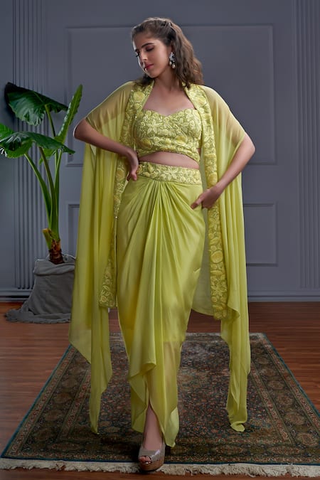 Christina Haiti Phool Bagh Embroidered Cape Jacket Draped Skirt Set 