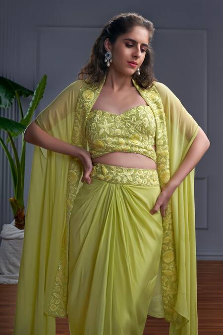 Buy_Christina_Green Crepe Embroidery Sweetheart Haiti Phool Bagh Cape Jacket Draped Skirt Set _Online_at_Aza_Fashions