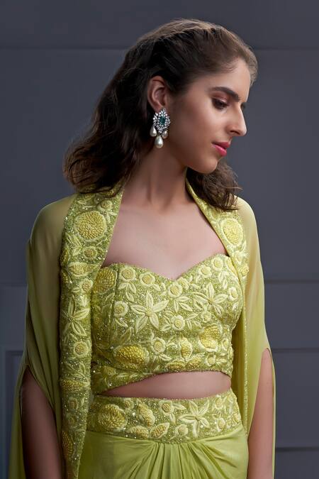 Shop_Christina_Green Crepe Embroidery Sweetheart Haiti Phool Bagh Cape Jacket Draped Skirt Set _Online_at_Aza_Fashions
