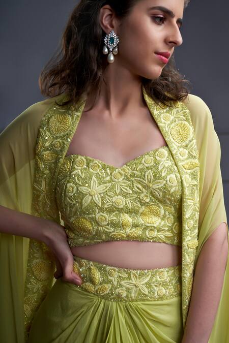 Christina_Green Crepe Embroidery Sweetheart Haiti Phool Bagh Cape Jacket Draped Skirt Set _at_Aza_Fashions