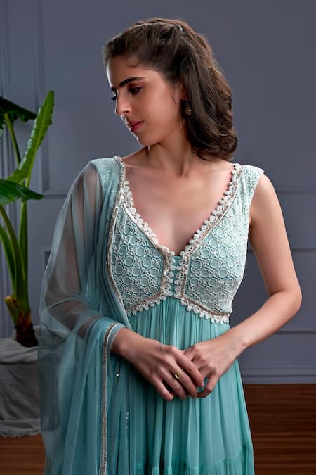 Christina_Blue Tulle, Liros Gathered Tiered Embroidered Yoke Anarkali With Dupatta _Online_at_Aza_Fashions