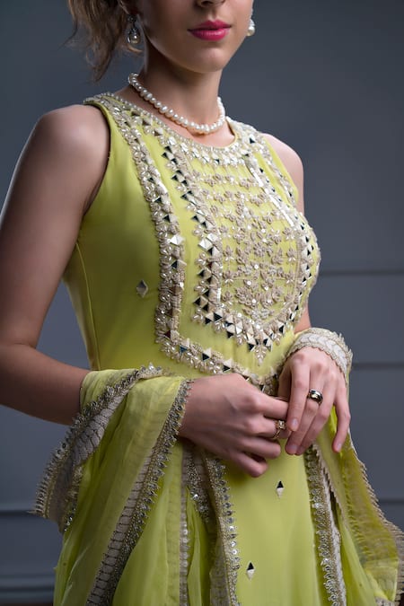Buy_Christina_Green Chiffon, Georgette Mirrors, Pearls, Nevis Bloom Kurta Sharara Set _Online_at_Aza_Fashions