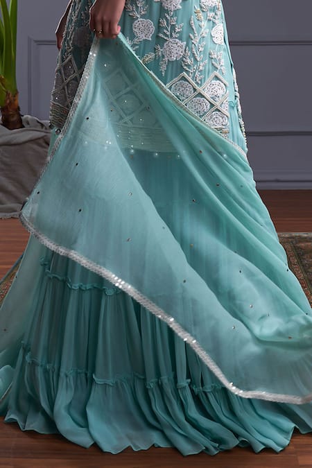 Christina_Blue Chiffon, Georgette Pearls, Nico Gullista Embroidered Kurta Sharara Set _Online_at_Aza_Fashions