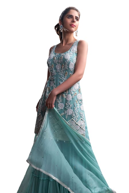 Buy_Christina_Blue Chiffon, Georgette Pearls, Nico Gullista Embroidered Kurta Sharara Set _Online_at_Aza_Fashions