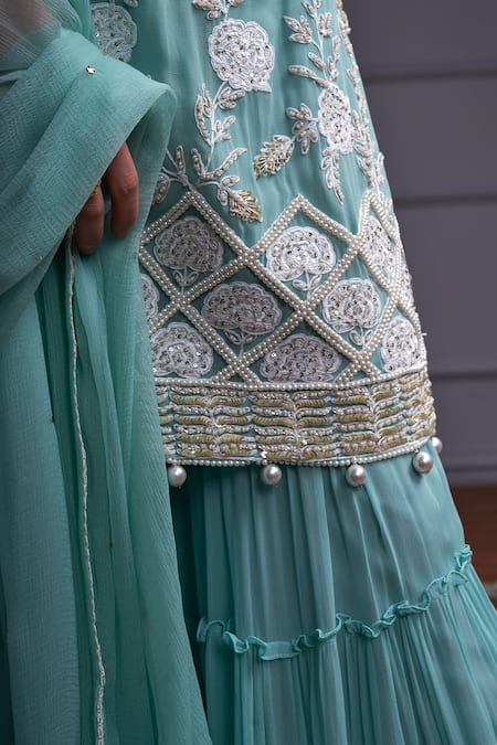 Shop_Christina_Blue Chiffon, Georgette Pearls, Nico Gullista Embroidered Kurta Sharara Set _Online_at_Aza_Fashions