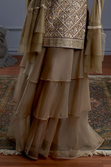 Christina_Beige Silk, Organza, Tulle Rosaria Phool Mahal Embroidered Kurta Sharara Set _Online_at_Aza_Fashions