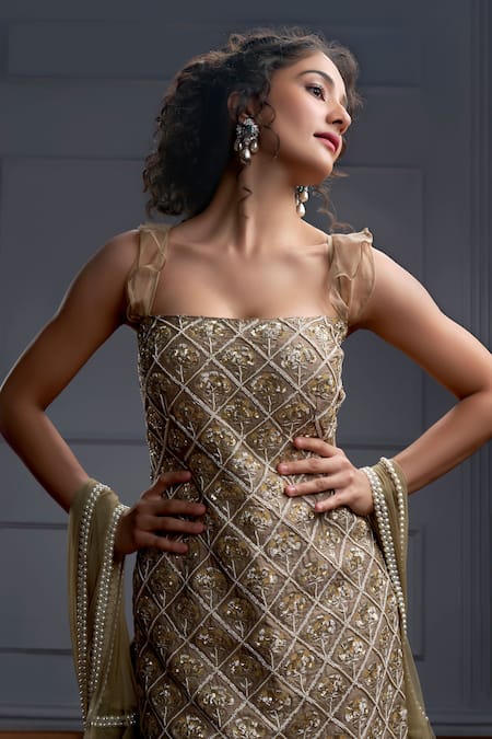 Buy_Christina_Beige Silk, Organza, Tulle Rosaria Phool Mahal Embroidered Kurta Sharara Set _Online_at_Aza_Fashions