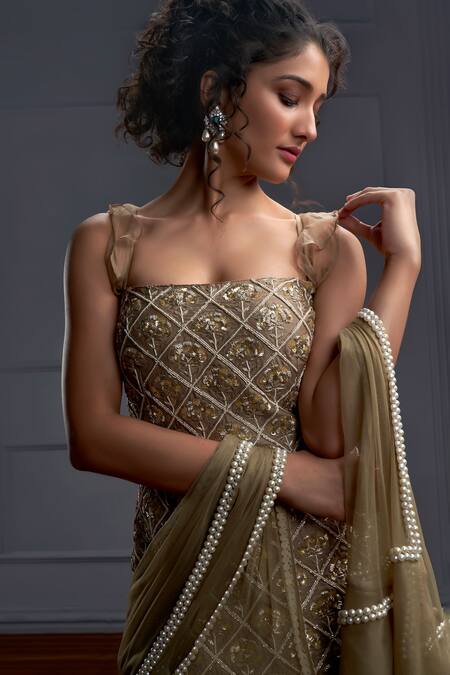 Shop_Christina_Beige Silk, Organza, Tulle Rosaria Phool Mahal Embroidered Kurta Sharara Set _Online_at_Aza_Fashions
