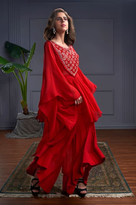 Christina_Red Georgette Embroidery Mirror Round Neck Skyros Flora Kaftan Set _Online_at_Aza_Fashions