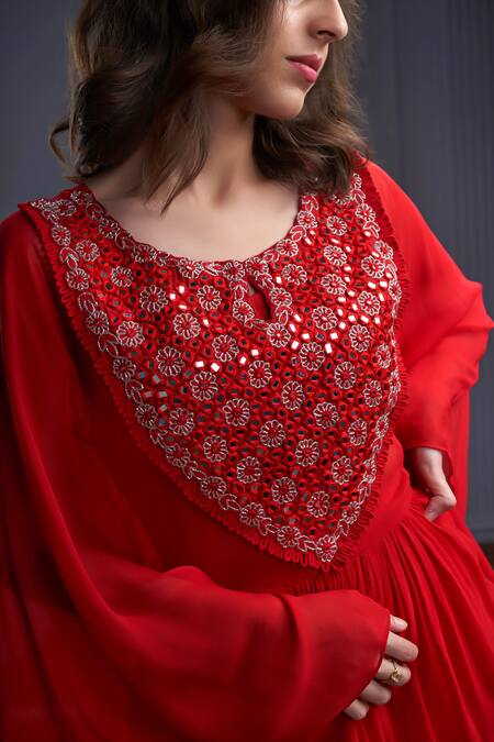 Buy_Christina_Red Georgette Embroidery Mirror Round Neck Skyros Flora Kaftan Set _Online_at_Aza_Fashions