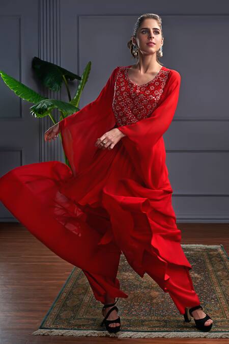 Christina_Red Georgette Embroidery Mirror Round Neck Skyros Flora Kaftan Set _at_Aza_Fashions