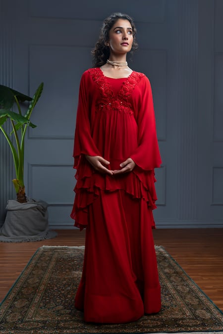 Christina Red Georgette Embroidery Resham Sweetheart Neck Solana Rosemary Kaftan Set 