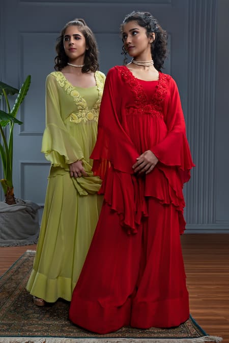 Buy_Christina_Red Georgette Embroidery Resham Sweetheart Neck Solana Rosemary Kaftan Set _Online_at_Aza_Fashions