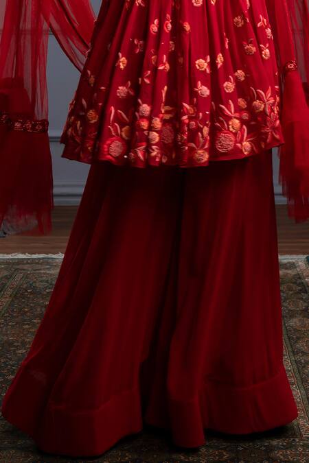 Christina_Red Georgette Sequins, Beads, Embroidery Solis Rosa Garden Peplum Kurta Set _Online_at_Aza_Fashions