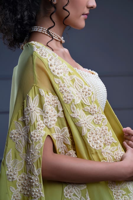 Buy_Christina_Green Crepe Pearls Open Neck Syros Meadow Embroidered Cape Flared Pant _Online_at_Aza_Fashions