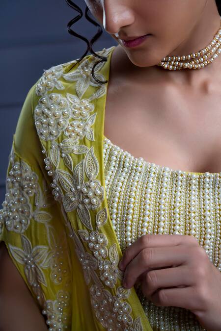 Shop_Christina_Green Crepe Pearls Open Neck Syros Meadow Embroidered Cape Flared Pant _Online_at_Aza_Fashions