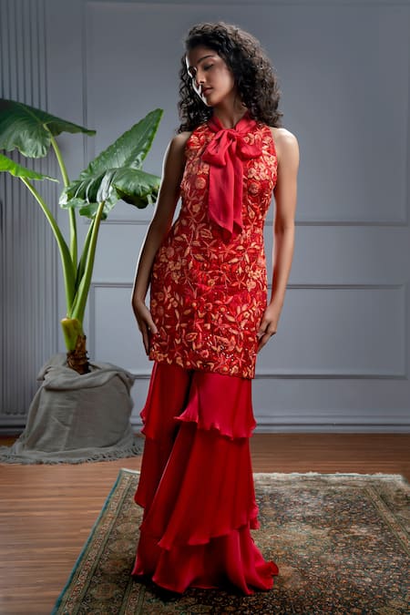 Christina Red Satin Organza Embroidery Zia Rafflesia Garden Kurta With Layered Sharara 