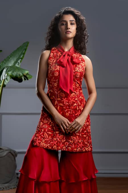 Christina Zia Rafflesia Garden Embroidered Kurta With Layered Sharara 