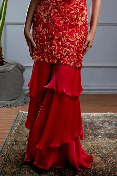 Christina_Red Satin, Organza Embroidery, Zia Rafflesia Garden Kurta With Layered Sharara _Online_at_Aza_Fashions