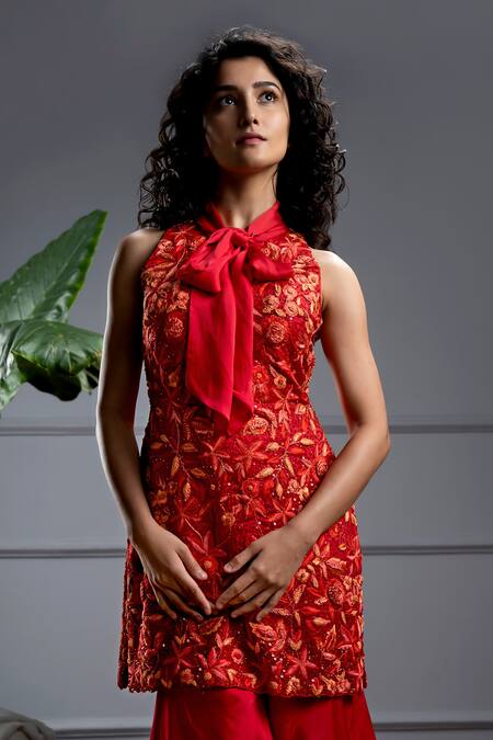 Buy_Christina_Red Satin, Organza Embroidery, Zia Rafflesia Garden Kurta With Layered Sharara _Online_at_Aza_Fashions