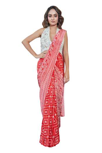 SAYISHA Red Crepe Embroidery, Sequins, Geometric Print Pre-draped Saree With Blouse Online at Aza Fashions SAYISHA_Red Crepe Embroidery, Sequins, Geometric Print Pre-draped Saree With Blouse_Online_at_Aza_Fashions