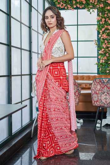 Buy SAYISHA Red Crepe Embroidery, Sequins, Geometric Print Pre-draped Saree With Blouse Online at Aza Fashions Buy_SAYISHA_Red Crepe Embroidery, Sequins, Geometric Print Pre-draped Saree With Blouse_Online_at_Aza_Fashions