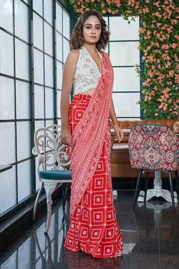 Shop SAYISHA Red Crepe Embroidery, Sequins, Geometric Print Pre-draped Saree With Blouse Online at Aza Fashions Shop_SAYISHA_Red Crepe Embroidery, Sequins, Geometric Print Pre-draped Saree With Blouse_Online_at_Aza_Fashions