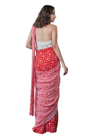Buy SAYISHA Red Crepe Embroidery, Sequins, Geometric Print Pre-draped Saree With Blouse Buy_SAYISHA_Red Crepe Embroidery, Sequins, Geometric Print Pre-draped Saree With Blouse