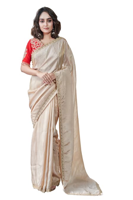 Sayisha Gold Silk Sequins, Beads V-neck Embroidered Scallop Hem Saree With Blouse Online at Aza Fashions Sayisha_Gold Silk Sequins, Beads V-neck Embroidered Scallop Hem Saree With Blouse _Online_at_Aza_Fashions