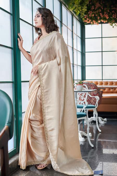 Buy Sayisha Gold Silk Sequins, Beads V-neck Embroidered Scallop Hem Saree With Blouse Online at Aza Fashions Buy_Sayisha_Gold Silk Sequins, Beads V-neck Embroidered Scallop Hem Saree With Blouse _Online_at_Aza_Fashions