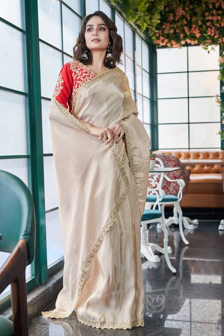 Shop Sayisha Gold Silk Sequins, Beads V-neck Embroidered Scallop Hem Saree With Blouse Online at Aza Fashions Shop_Sayisha_Gold Silk Sequins, Beads V-neck Embroidered Scallop Hem Saree With Blouse _Online_at_Aza_Fashions