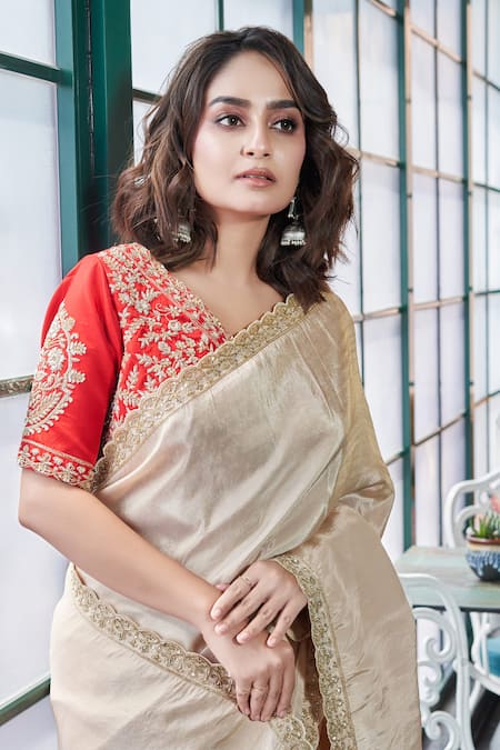 Sayisha Gold Silk Sequins, Beads V-neck Embroidered Scallop Hem Saree With Blouse at Aza Fashions Sayisha_Gold Silk Sequins, Beads V-neck Embroidered Scallop Hem Saree With Blouse _at_Aza_Fashions